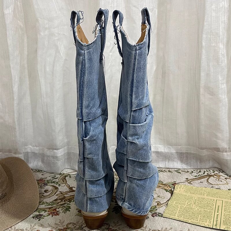 Wide-Shaft Wedge Boots Foldover Western Boots Blue & Off-White Mid Cowboy Boots Maxct