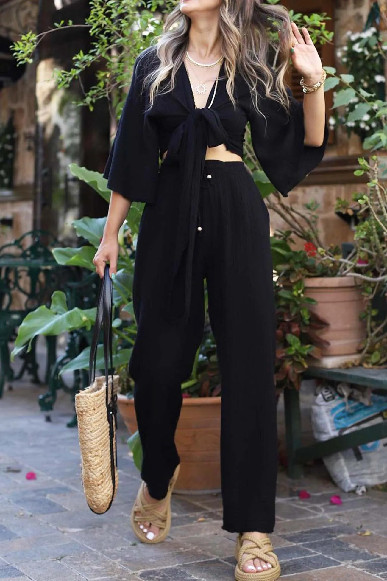 Maxct Front-Tie Bell Sleeve Pants Set