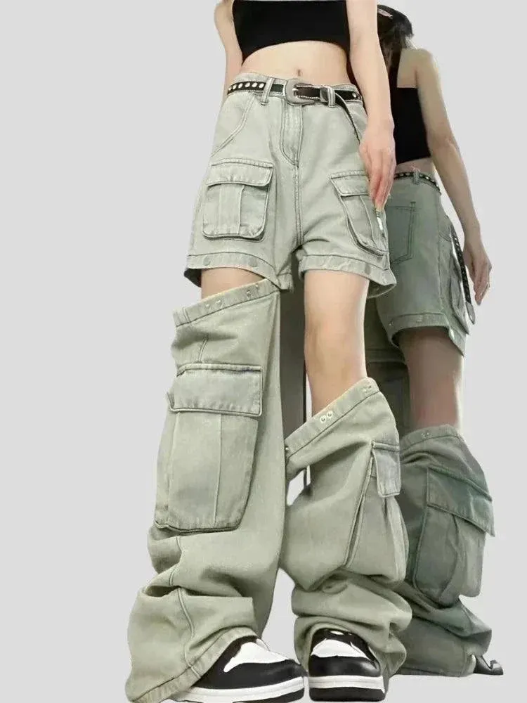 Women's Splicing Design High Waisted Jean Shorts Wide Leg Denim Pants Maxct