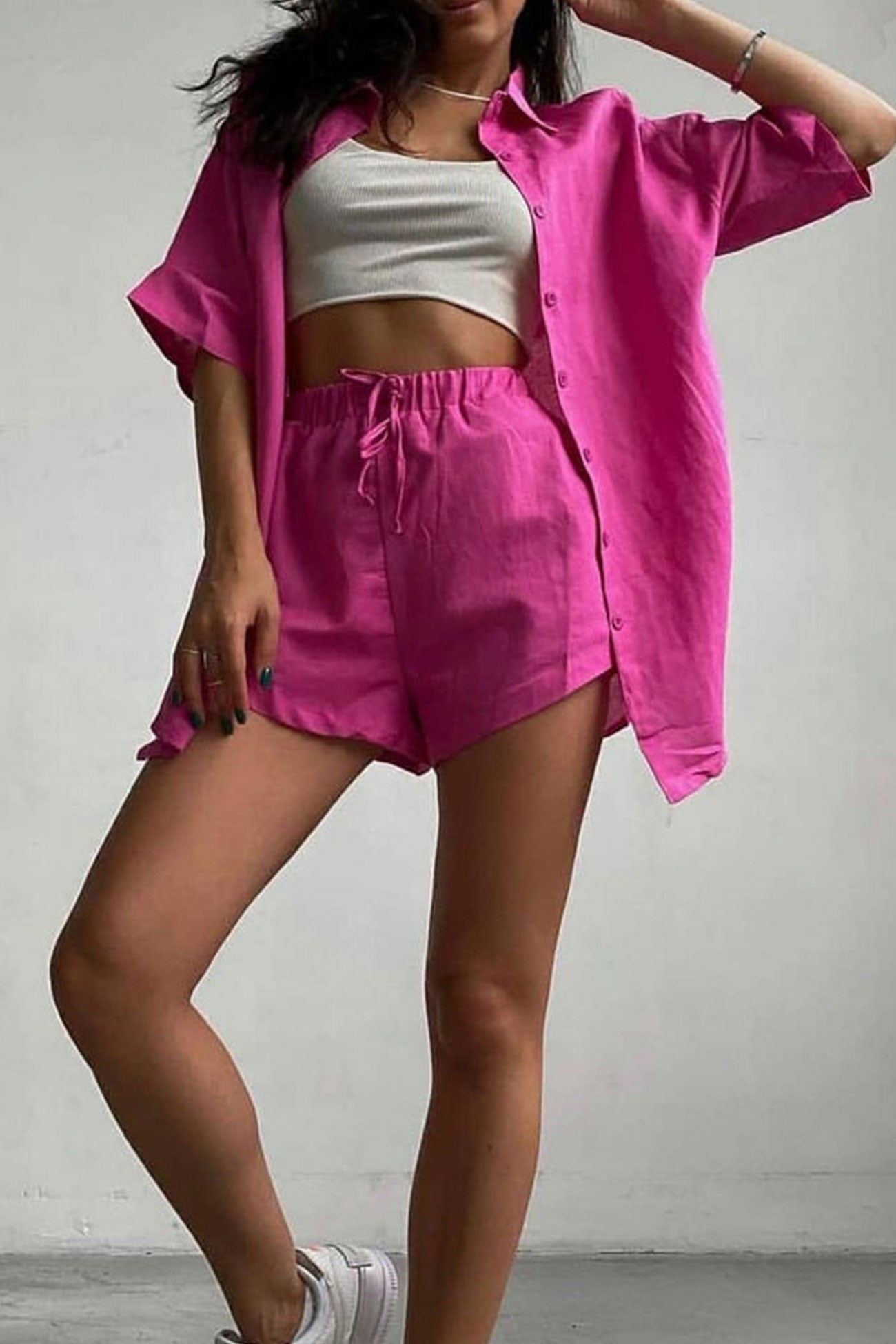 Maxct-Solid Short Sleeve Shirt Drawstring Shorts Suits