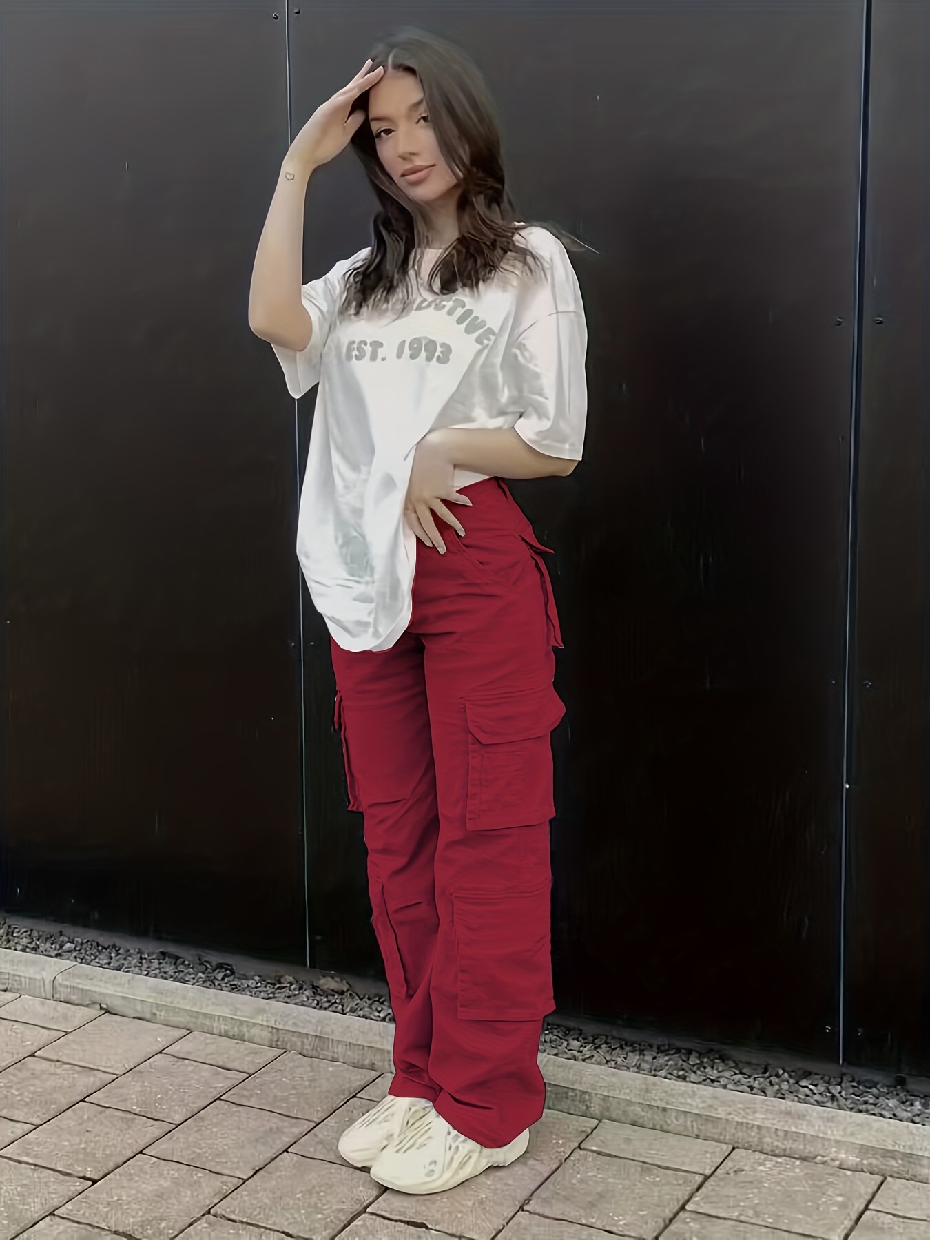 Plain High Rise Cargo Denim Pants, Loose Solid Color Retro Cargo Jeans, Street Casual Style, Women's Denim Jeans & Clothing