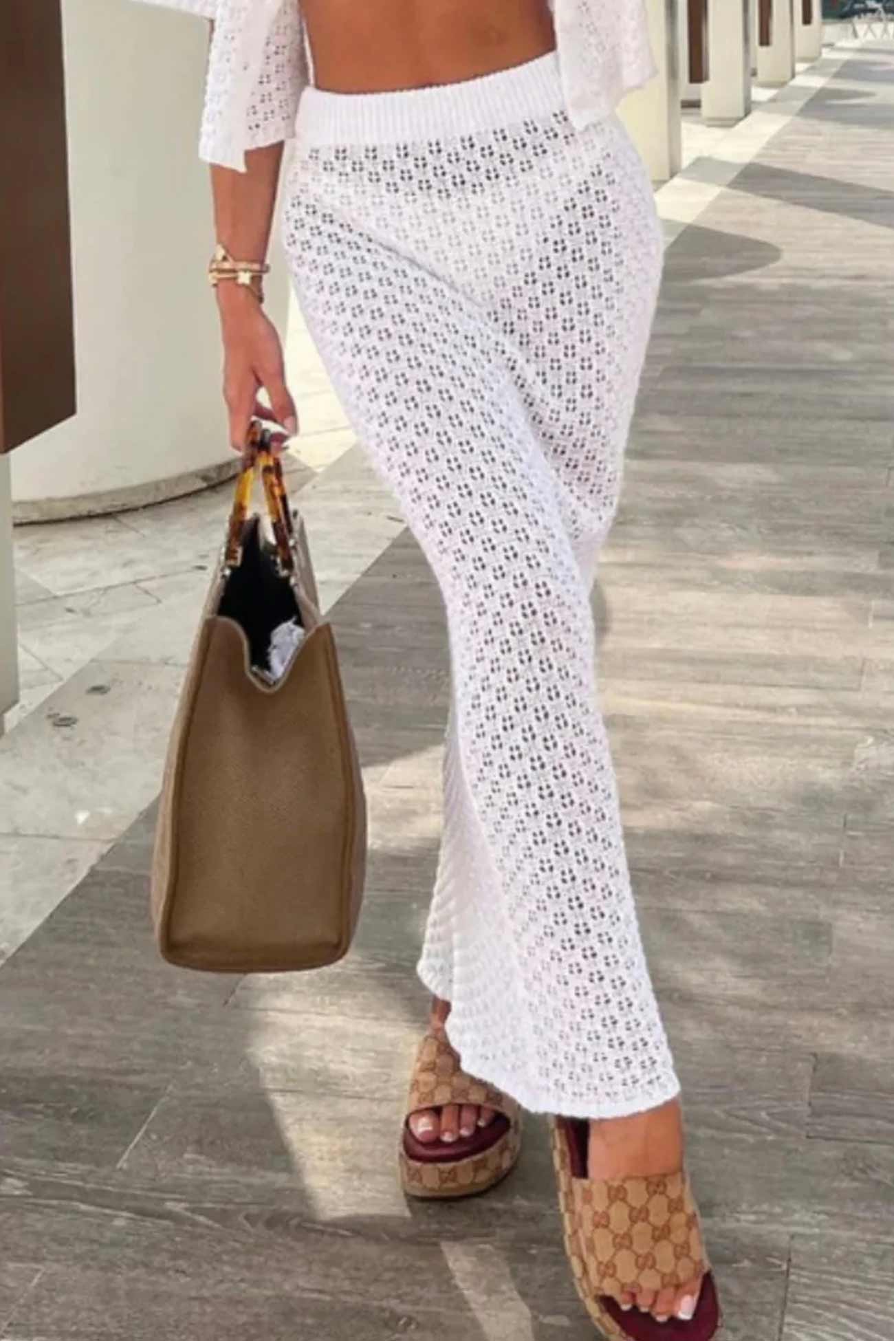 Maxct Hollow Out Crochet Blouses Midi Skirt Suits