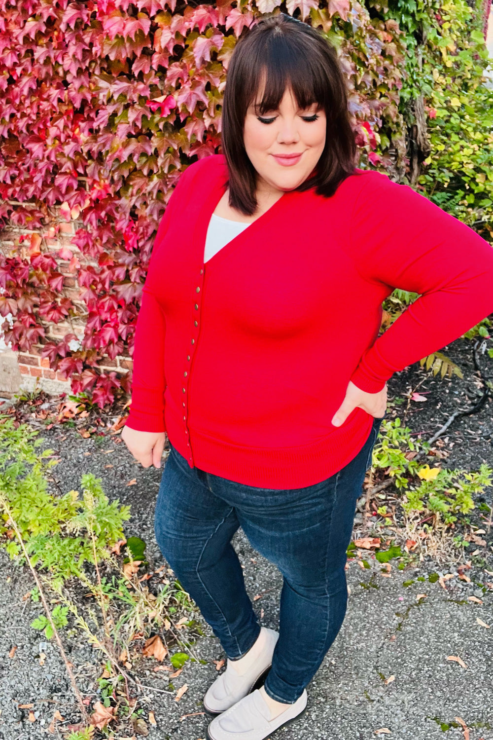 Maxct &Day On The Town Red Snap Button Rib Cardigan