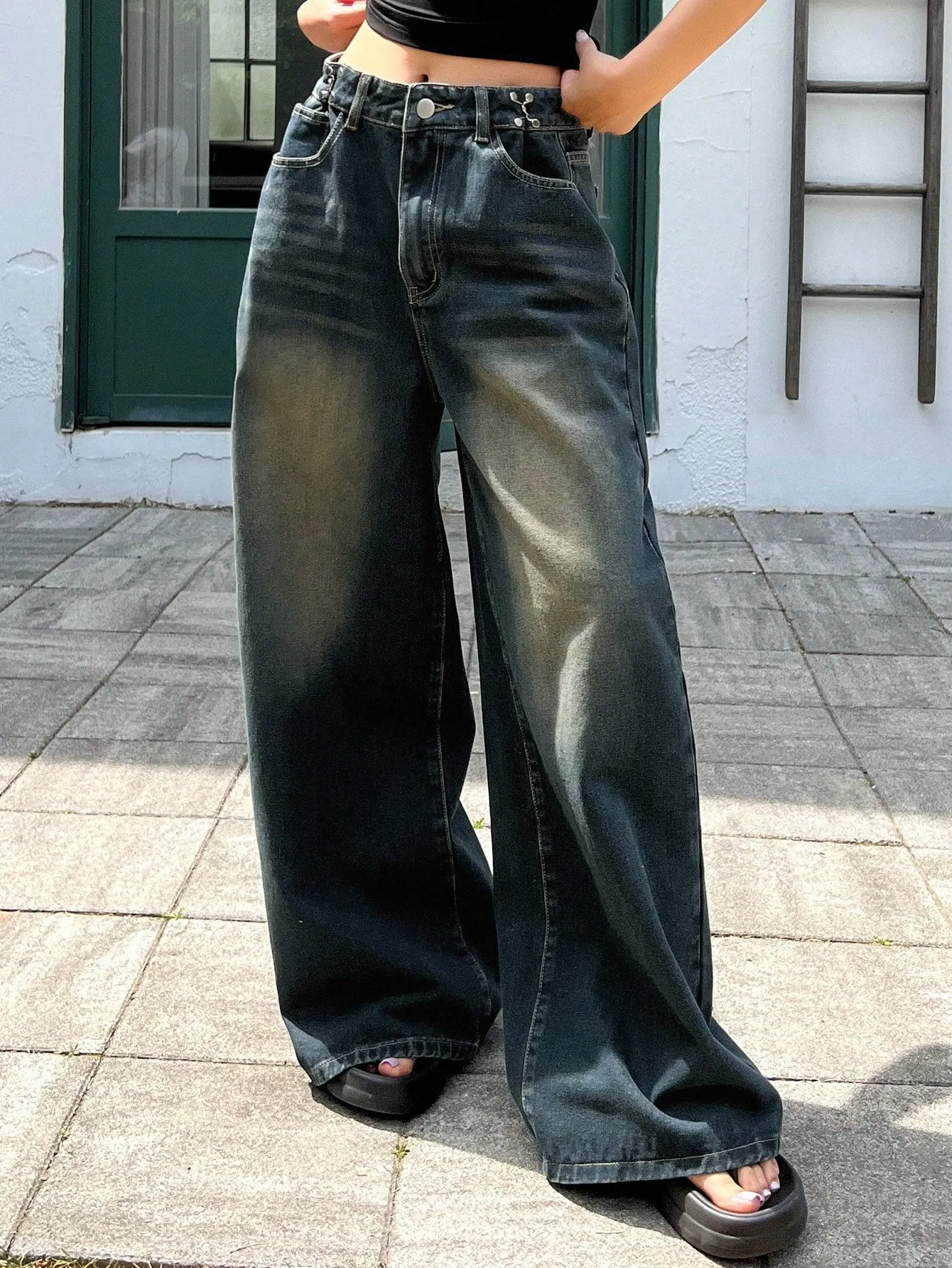 Maxct Women's Fashionable Solid Color Wide Leg Denim Pants