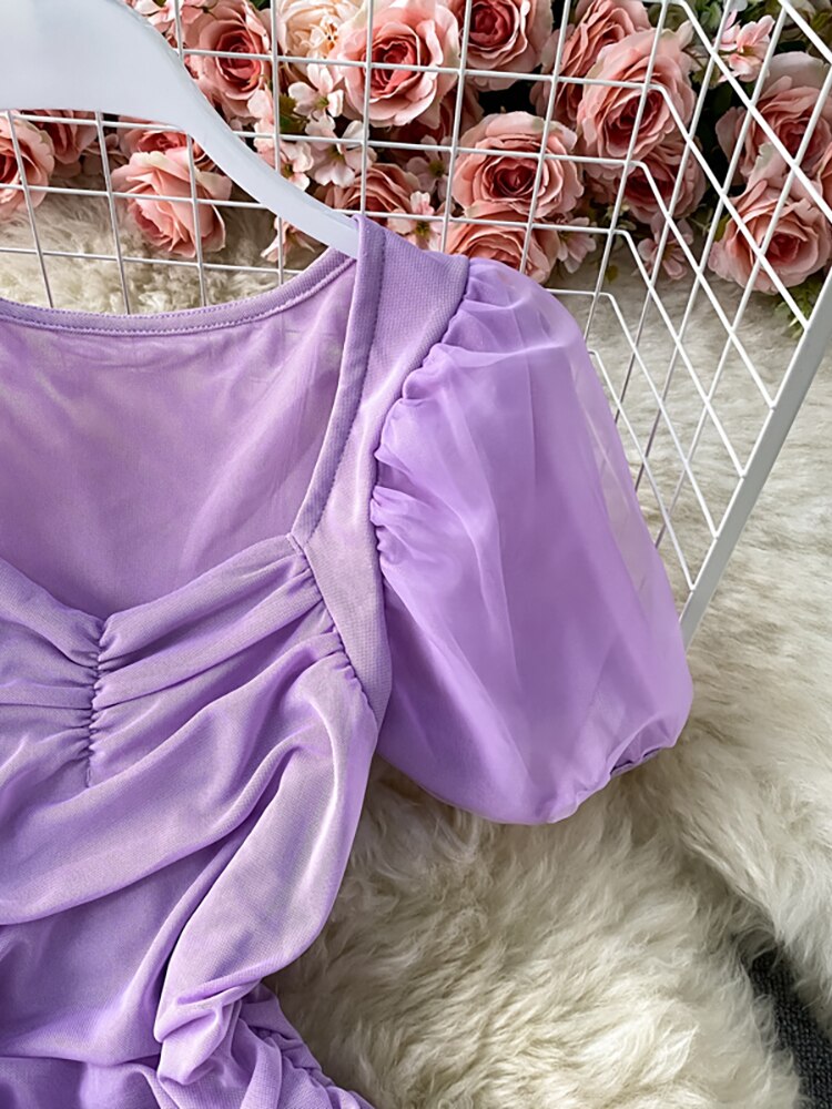 Maxct Sexy Mesh Draped Bodycon Dress Women Elegant Square Collar Short Puff Sleeve Pleated Vestidos Female Summer