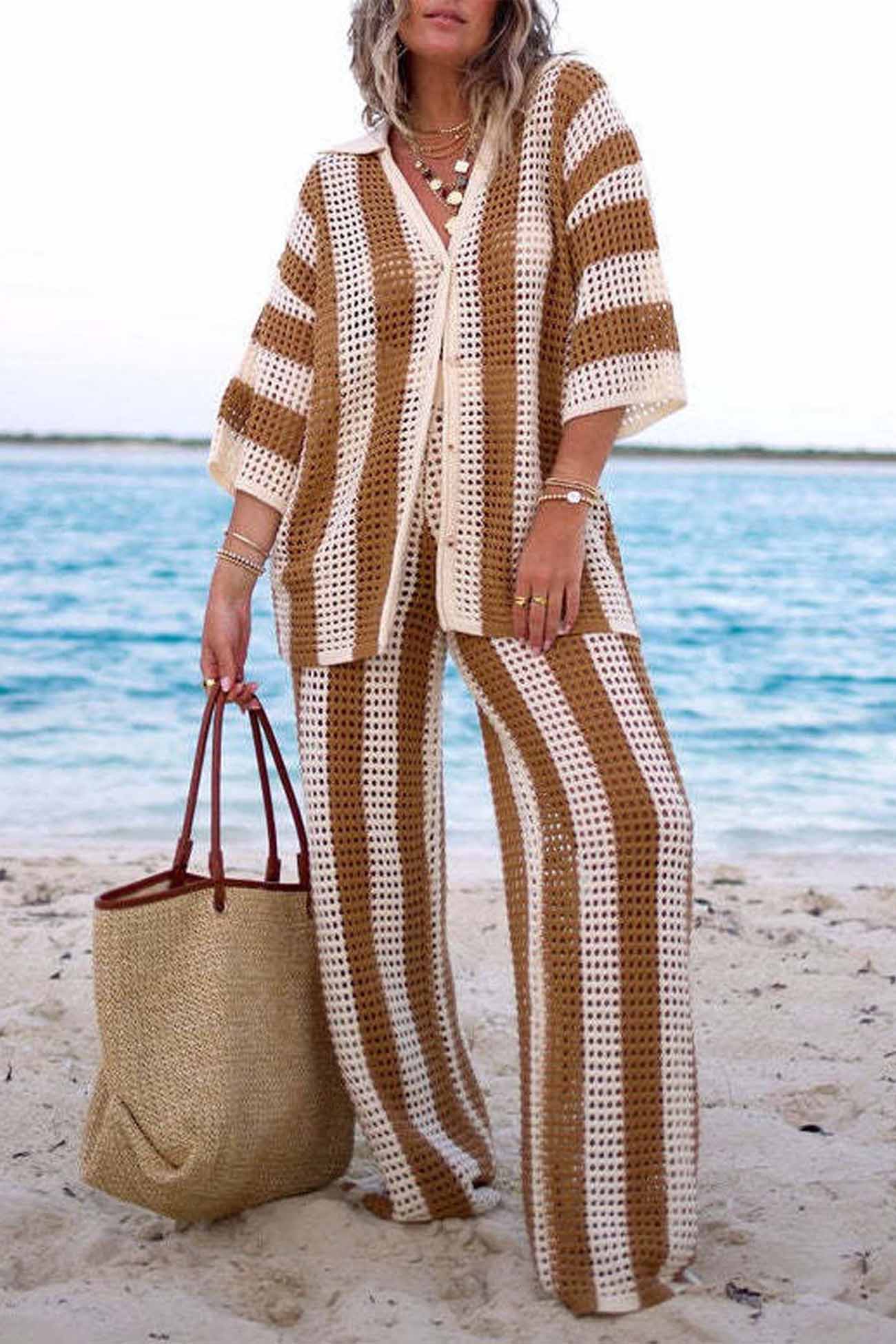 Maxct Contrast Stripe Hollow Long Pants Set