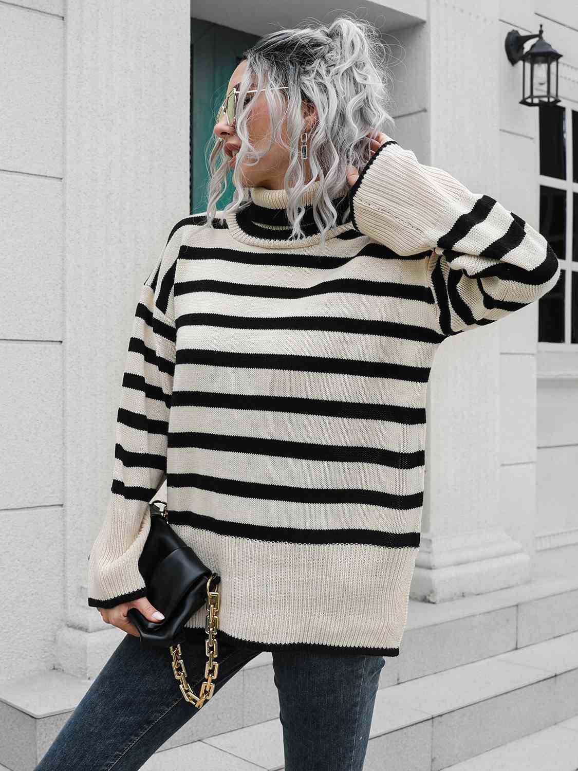 Maxct &Striped Slit Turtleneck Drop Shoulder Sweater