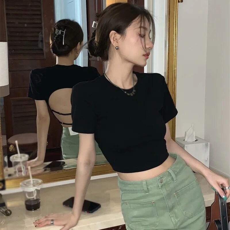 Maxct Blackless Women's Tops Slim Sexy Exposed Navel Short Sleeves Korean Version T-Shirts