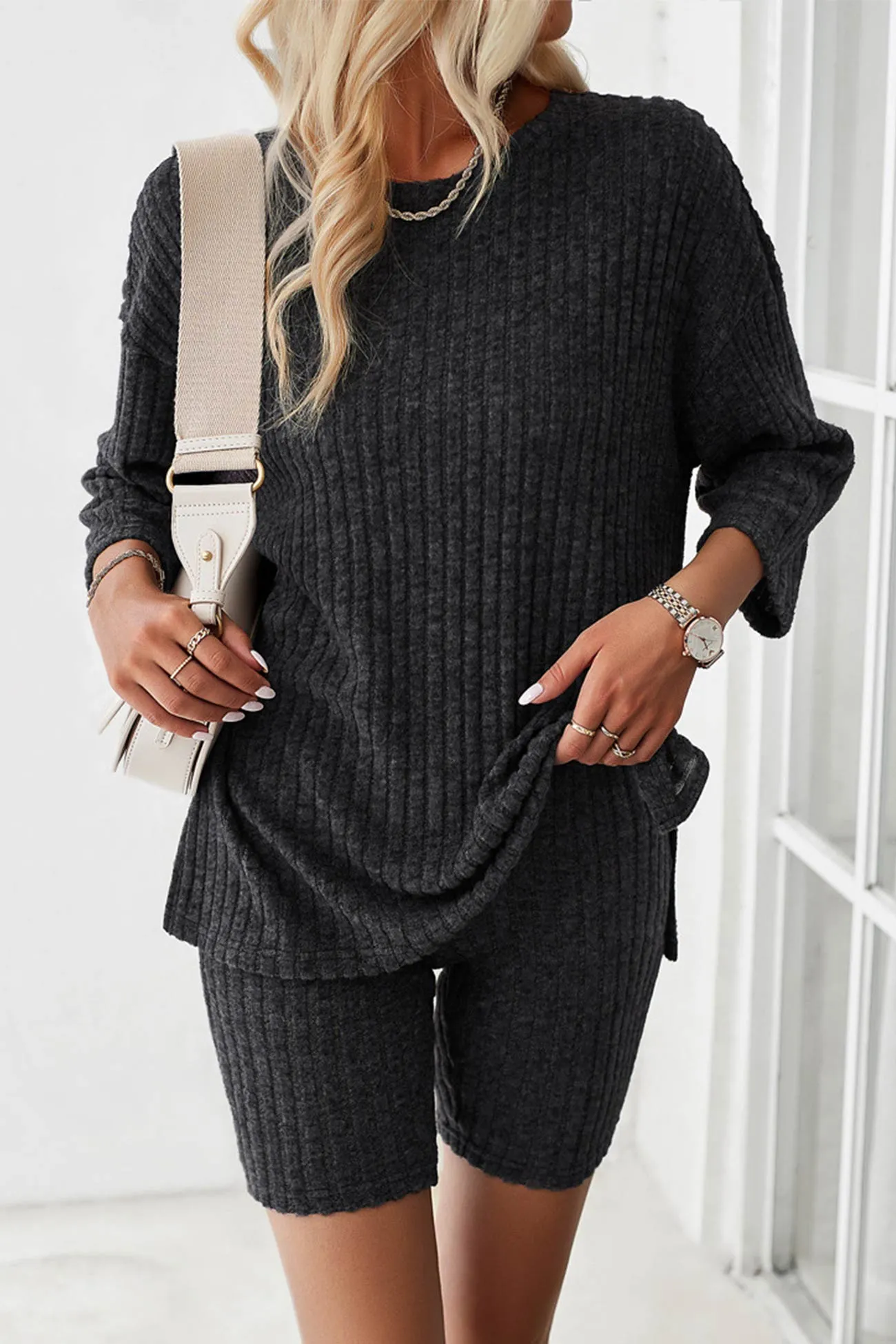 Maxct Ribbed Knit T-shirt Shorts Suits