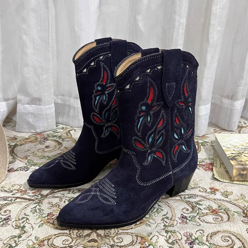 Womens Western Boots Block Heel Cut-Out Cowboy Boots All Genuine Leather Maxct
