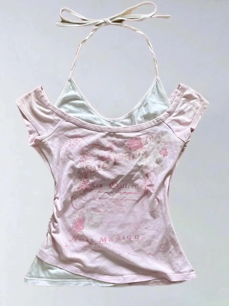 Retro Pink Hot Girl Halter Fake Two Piece Letter Print T-Shirt Y2K Streetwear Sexy Slim Harajuku Millennial Fashion Casual Tops