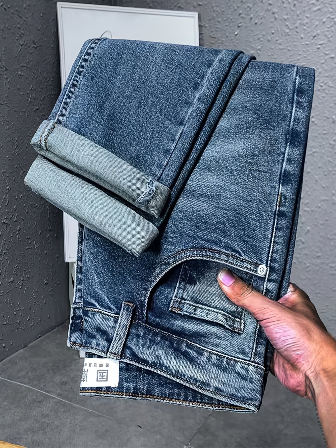 Maxct  Regular Retro Straight Leg Jeans, Men's Casual Street Style Stretch Distressed Denim Pants With Pockets
