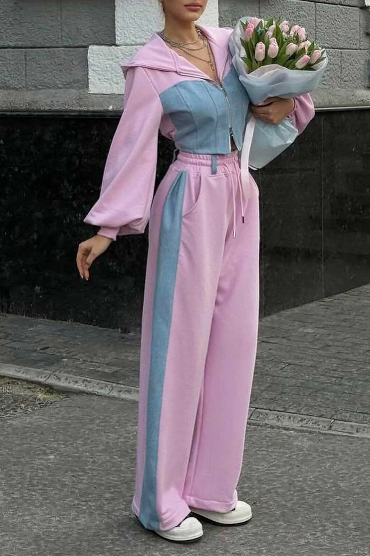 Maxct Patchwork Hooded Zipper Crop Top Pants Set