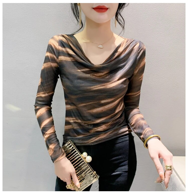 Maxct Spring Summer Double-Layer Mesh Top Long Sleeve Printing T-shirt Woman Slim Fitting Tee For Female