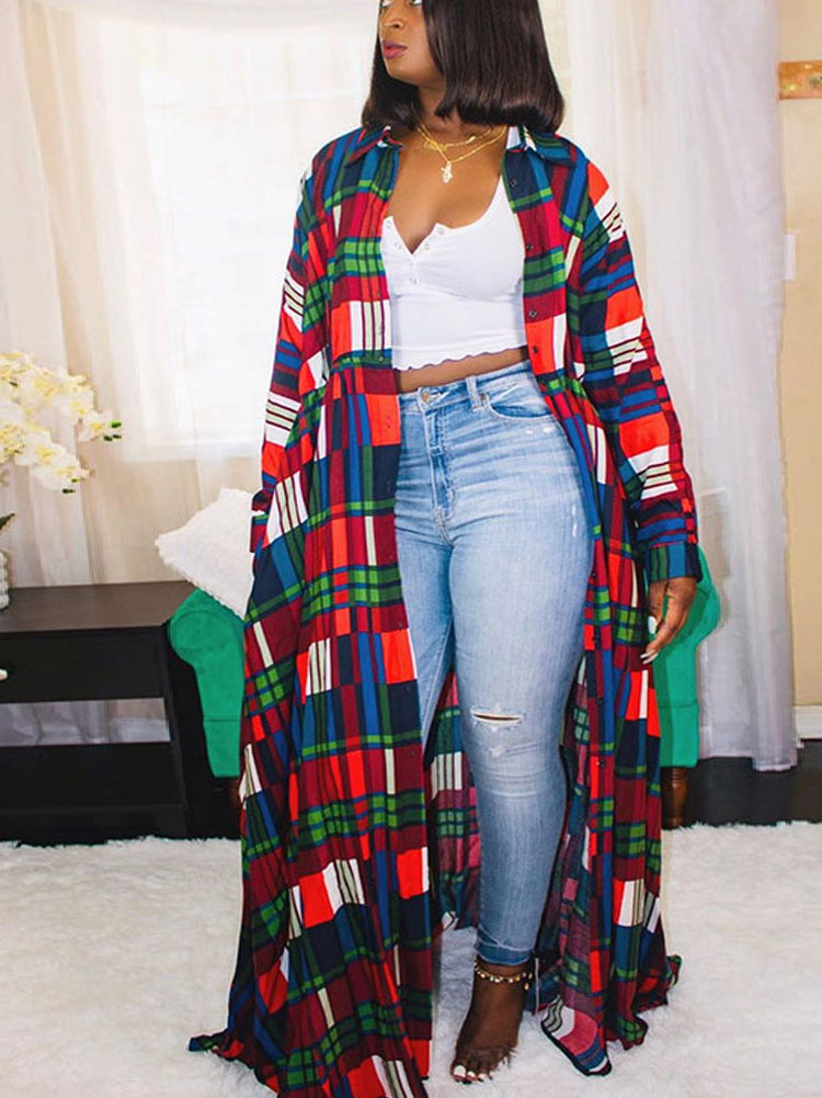 Plaid Print Shirt Collar Maxi Dress Maxct