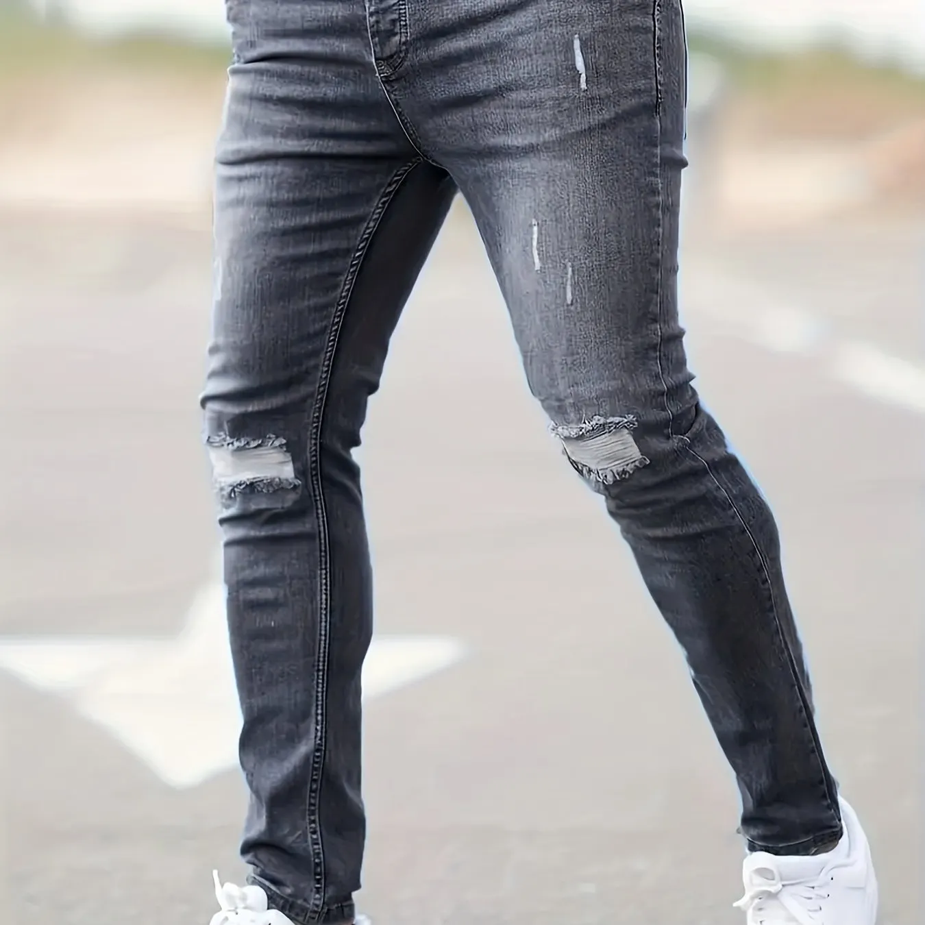 Maxct  Slim Fit Ripped Jeans, Men's Casual Street Style Distressed Mid Stretch Denim Pants For Spring Summer