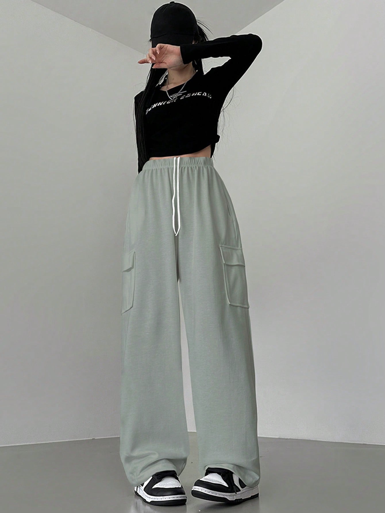 Maxct Casual Solid Color Drawstring Wide Leg Sweatpants With Pockets