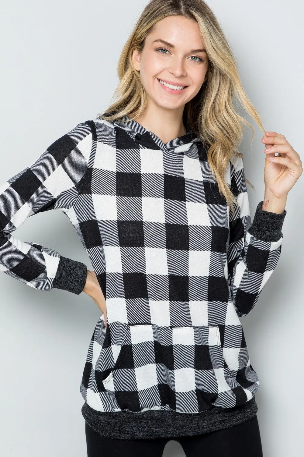 Maxct &Celeste Full Size Contrast Plaid Long Sleeve Hoodie