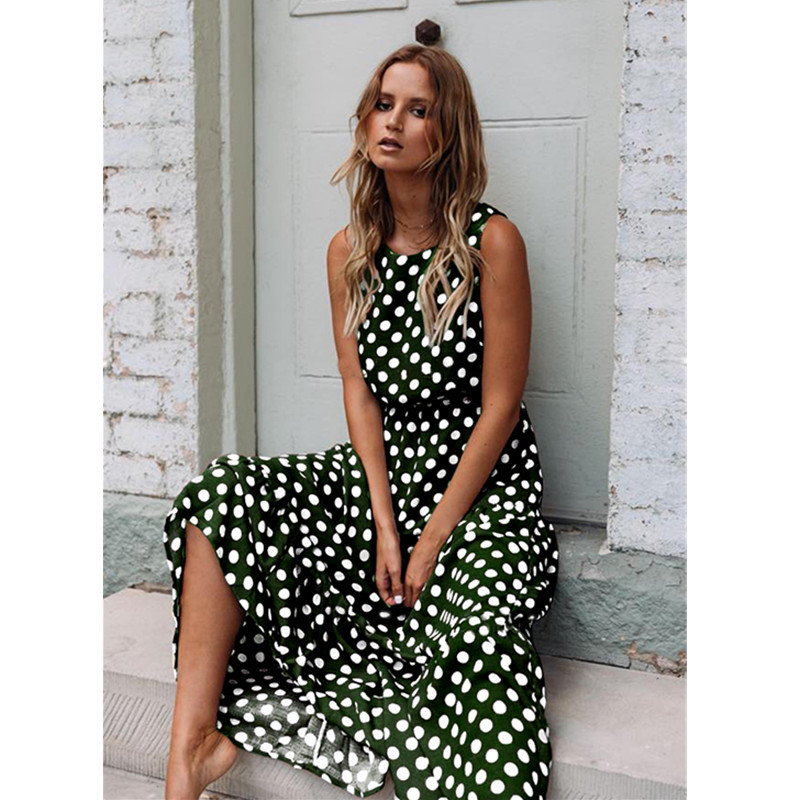 Maxct Sleeveless Polka Dot Print Women Midi Dress Casual Fashion Dresses A-Line Boho Elegant Beach Long Dress Vestidos