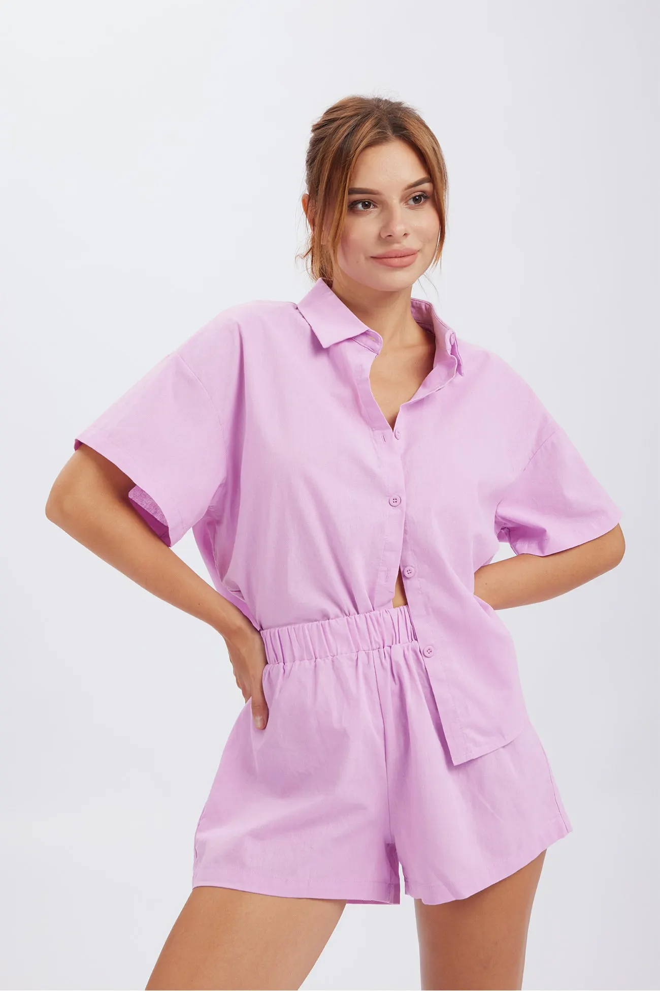Maxct Solid Button Through Drop Shoulder Shirt Shorts Set