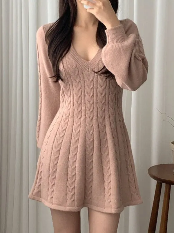 V Neck Cable Knit Long Sleeve Mini Dress Maxct