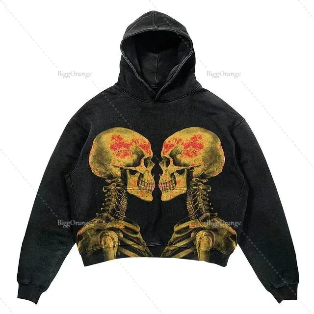 Maxct Y2k Punk Wind Skull Printed Cotton Hoodies Sweatshirt Couples Hip-hop Retro Street Loose Oversized Hoodies Harajuku Gothic Top