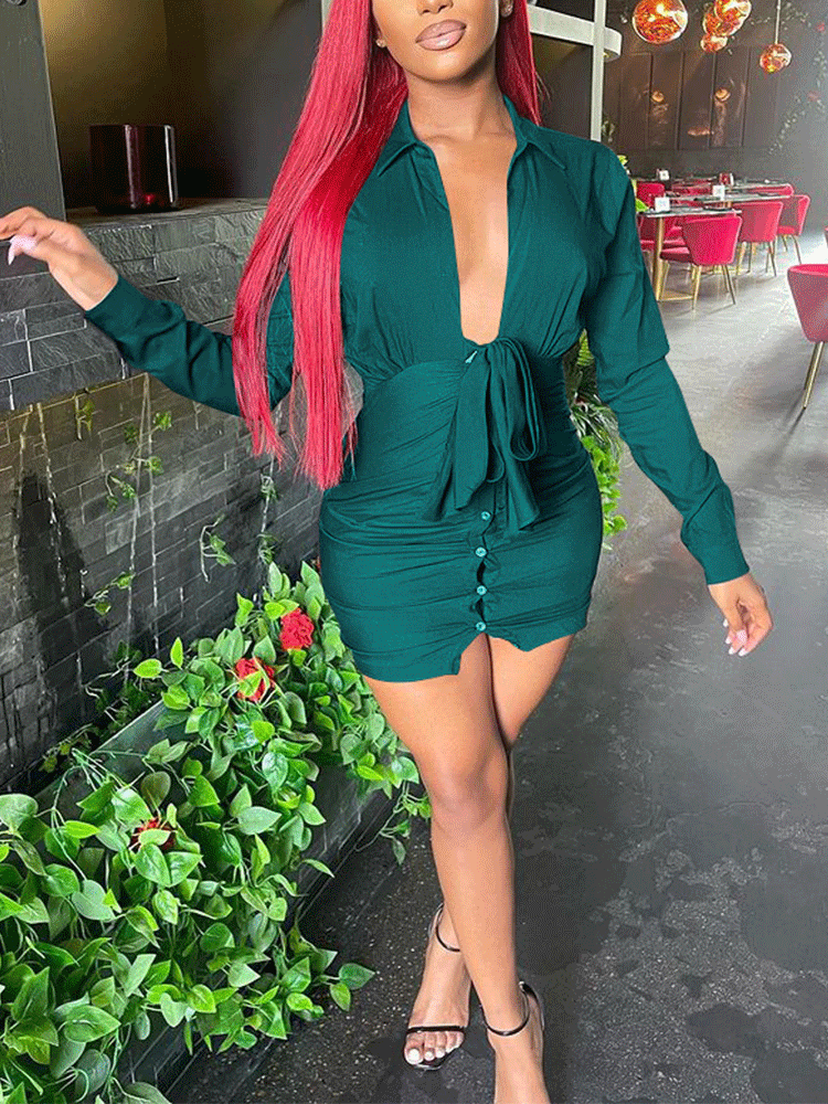 Deep V-neck Front Tie Mini Dress Maxct