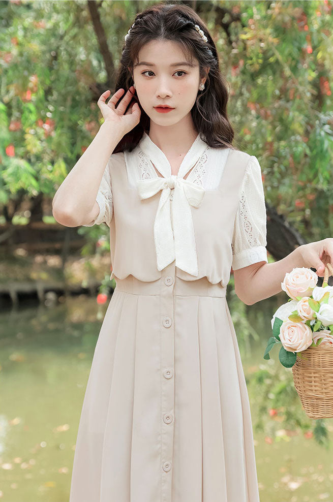 Button Up Tie Neck Twofer Midi Dress Maxct