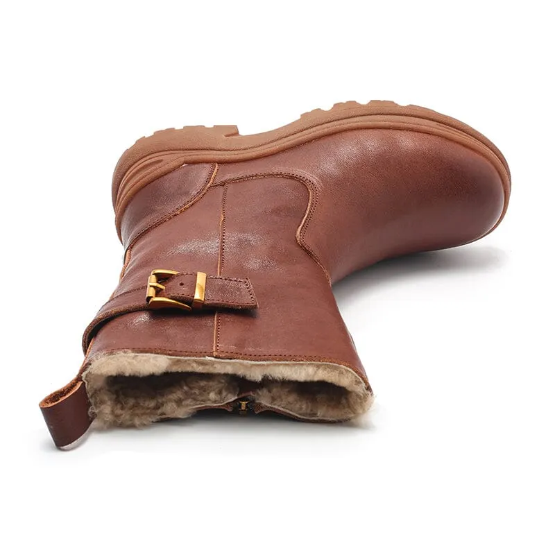 Womens Retro Mid Calf Boots Shearling Lined for Cold Winter Snow Boots Maxct