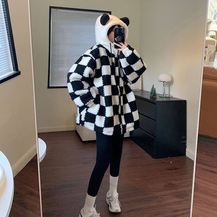 Checkered Cozy Bear Ears Zip-Up Hoodie for Women - true deals club