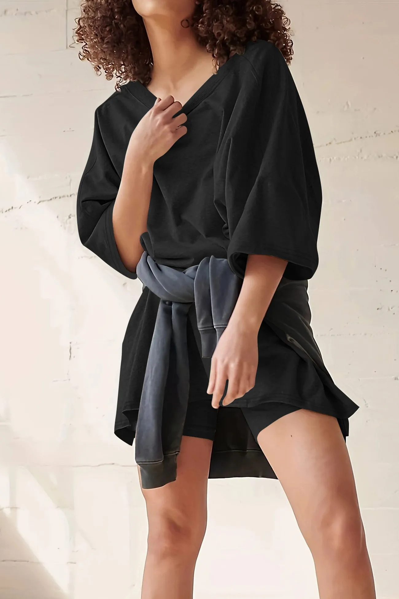 Maxct V Neck Side Slit T-shirt Bodycon Shorts Set
