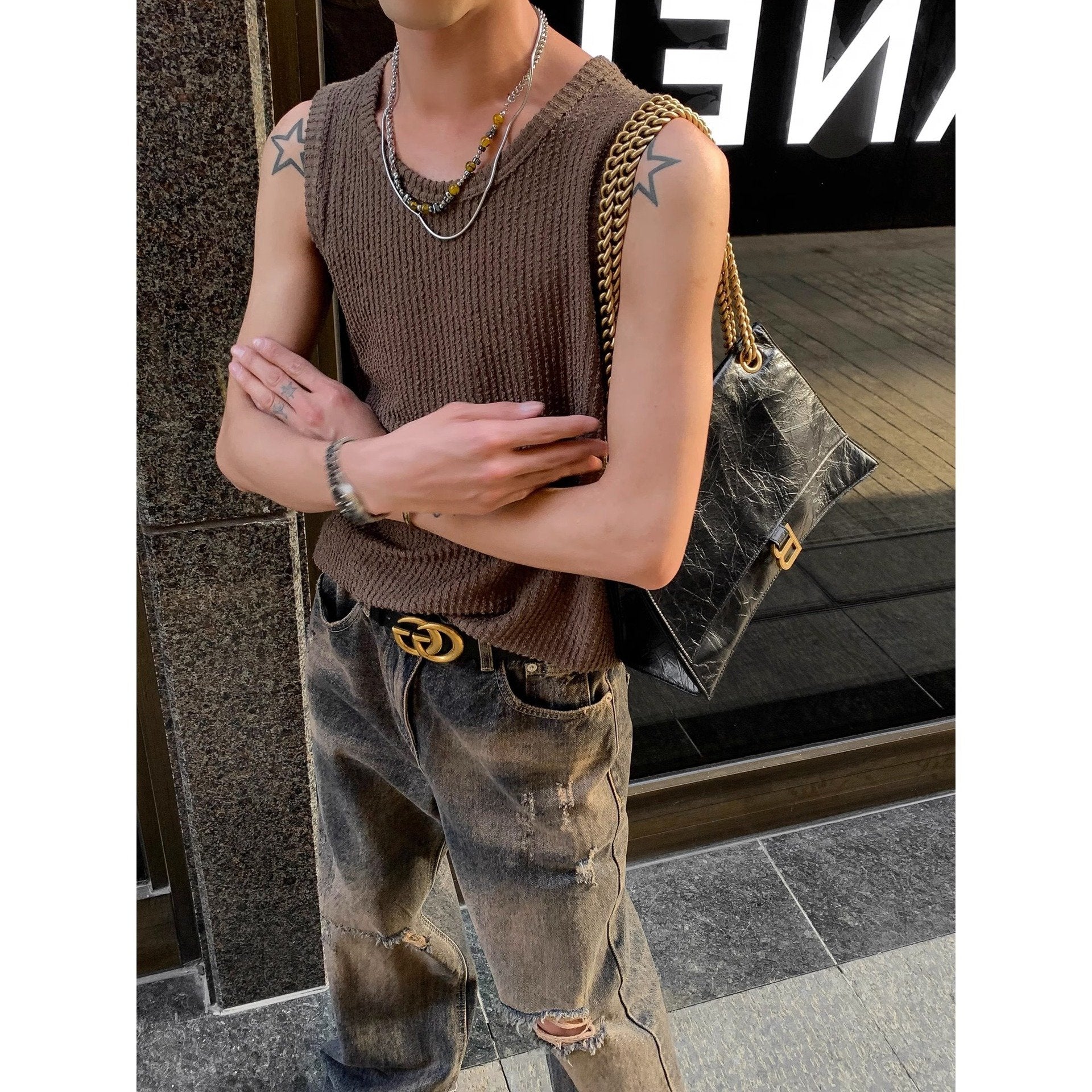 Maxct 90s Streetwear Solid Color Simple Vertical Stripe Niche Retro Round Neck Vest Men's Summer New Casual All-match Sleeveless T-shirt