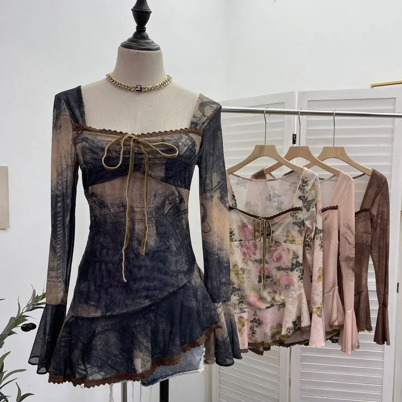 Maxct Spring and Summer New French Square Collar Lace-up Blooming Flared Long-Sleeved Top Lace Edge Design T-shirt 9980