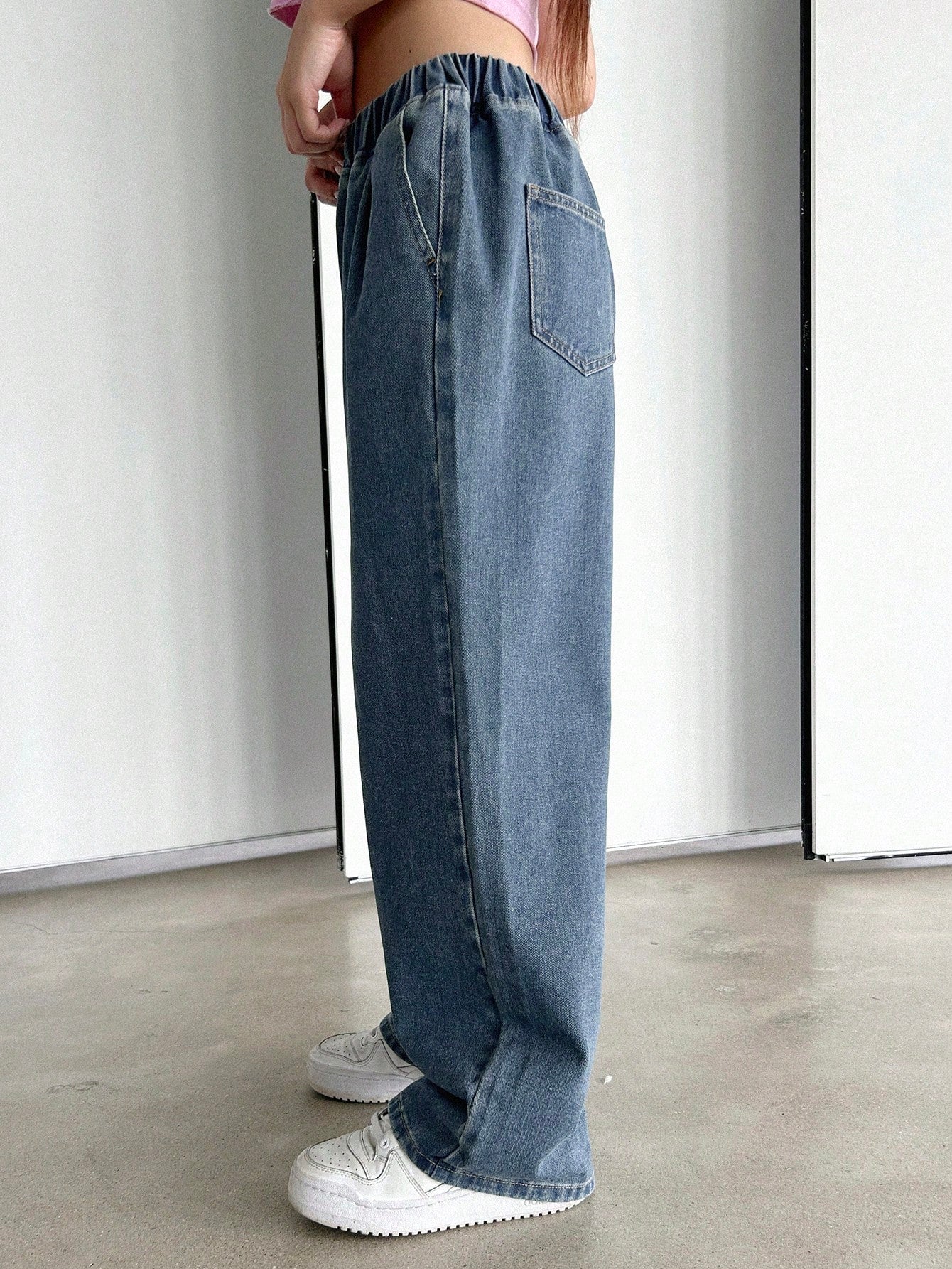 Maxct Women's Elastic Waist Wide Leg Loose Fit Casual Denim Pants With Pockets