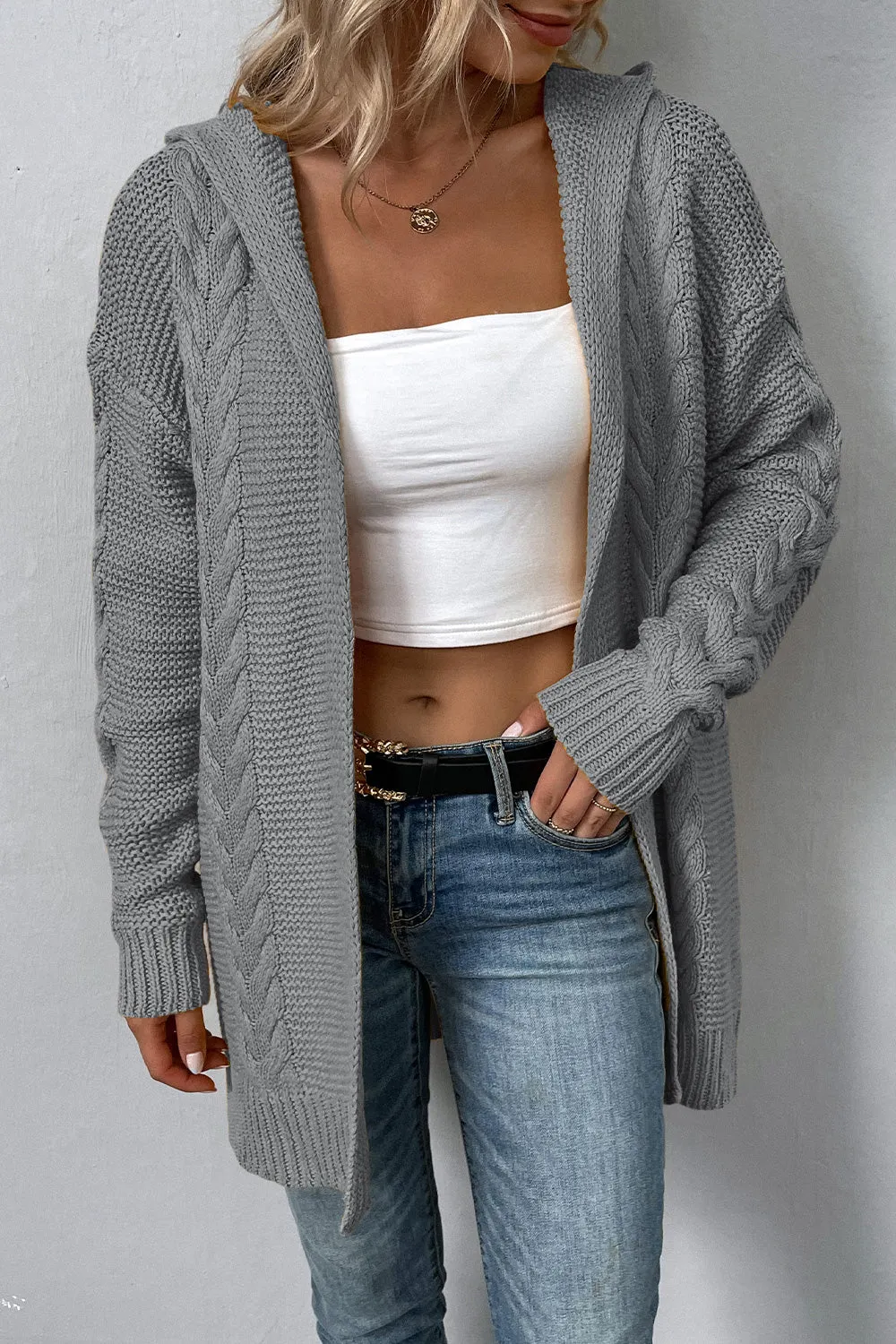 Maxct &Cable-Knit Dropped Shoulder Hooded Cardigan