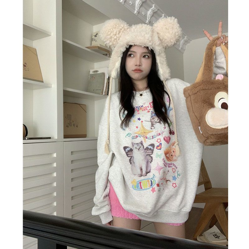 Kawaii Cat Print Hoodie Women Cutecore Long Sleeve Sweatshirt American Retro E-girl Kitten Angel Graphic Alt Clothes Y2k