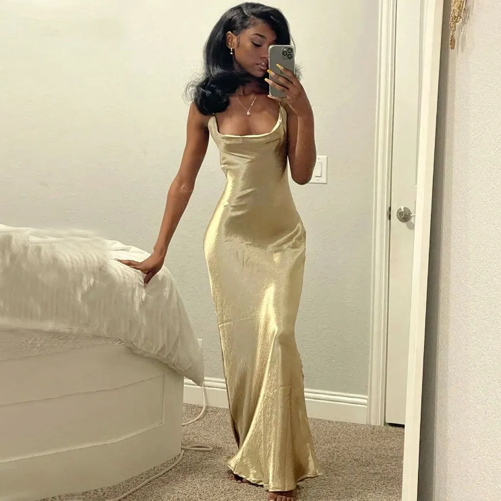 Classy Cowl Neck Tie String Silky Slip Maxi Dress - Champagne Maxct