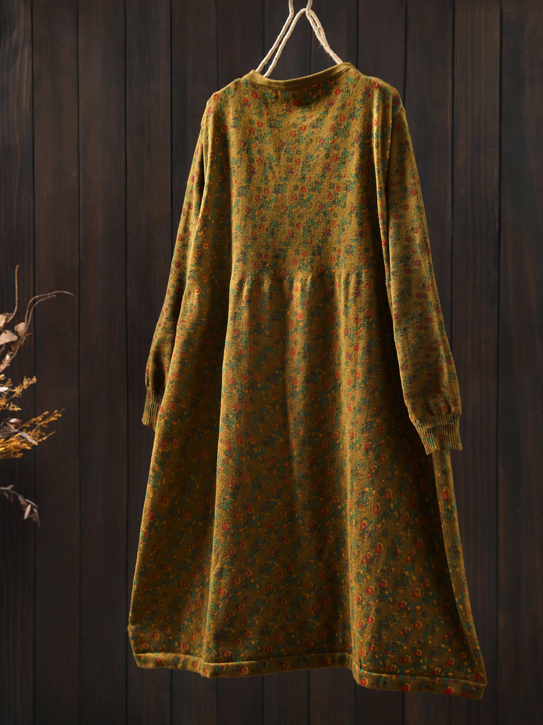 Retro Cotton Round Neck Floral Printed Loose Long Sleeves Dress