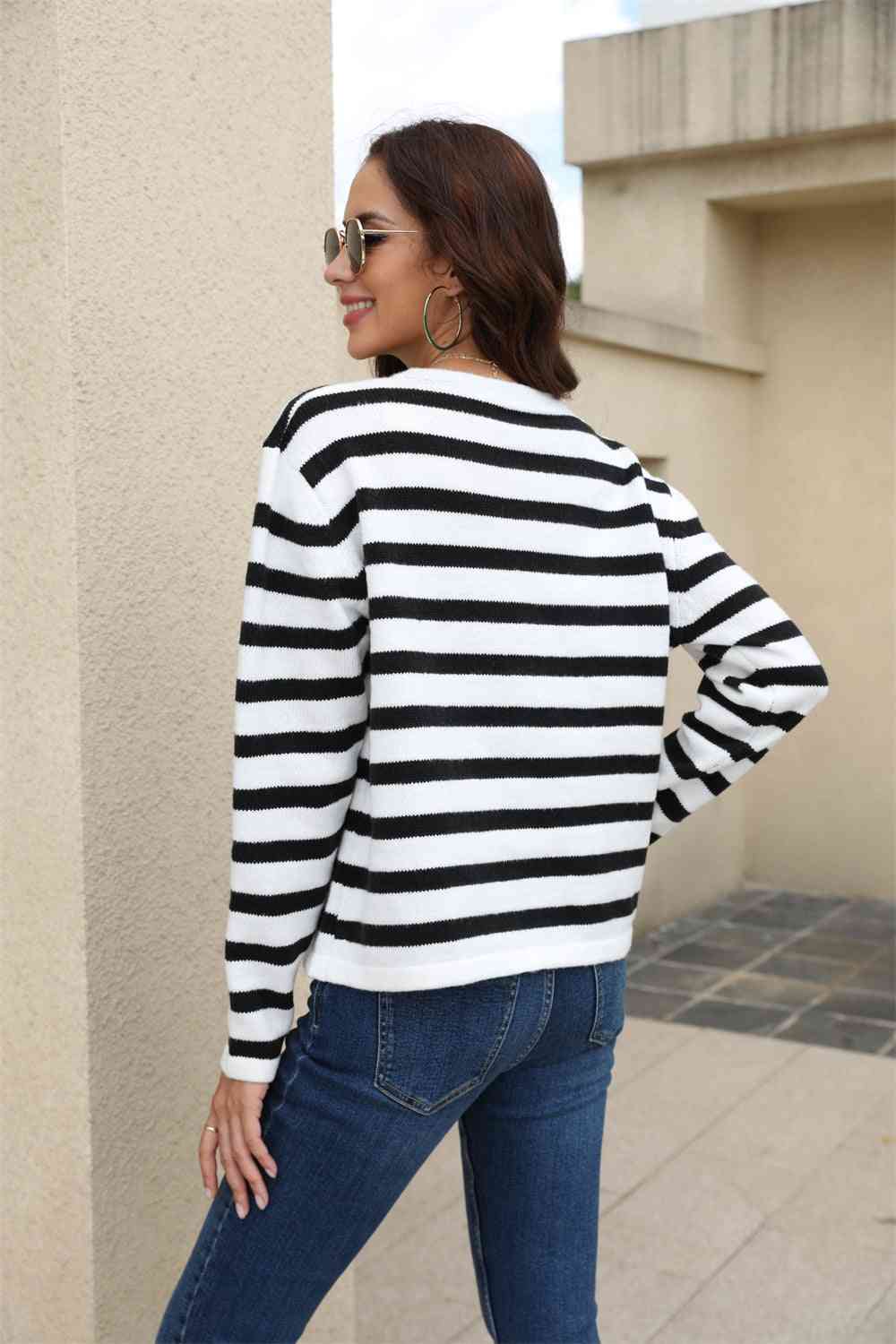 Maxct &Striped Round Neck Button-Down Dropped Shoulder Cardigan