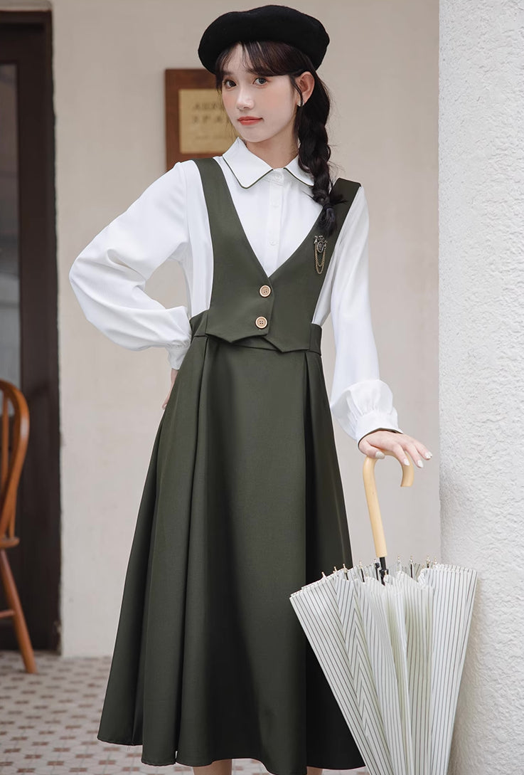 Basic Woven Vest Pinafore Dress / Blouse Maxct