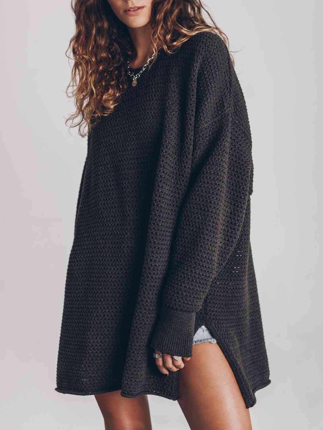 Maxct &Openwork Round Neck Long Sleeve Slit Sweater