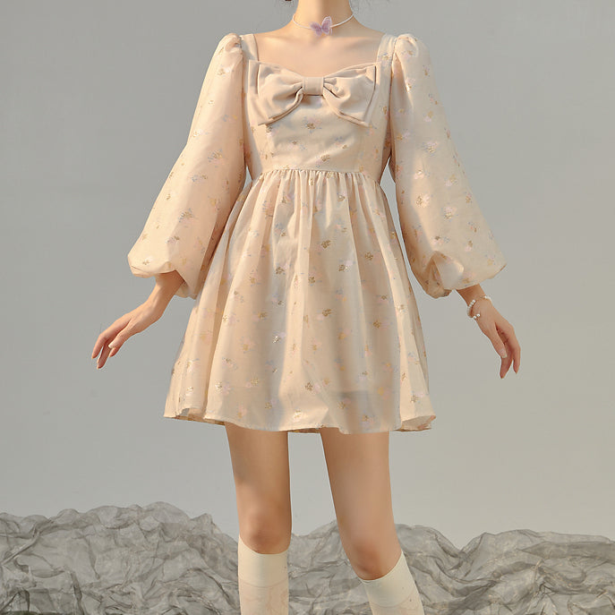 Puff Sleeve Bow Floral Jacquard Dress Maxct