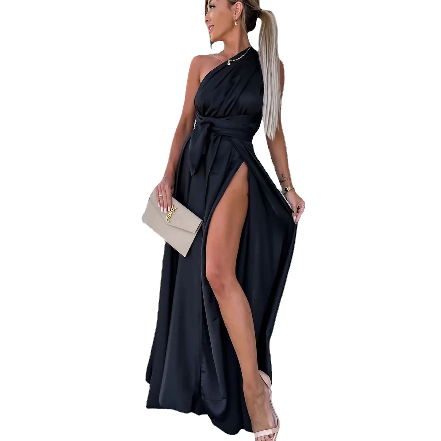 Maxct Summer Sexy Solid Casual Women Dress Sleeveless Deep V Tie Up High Split Long Dress Evening Party Elegant Lady Maxi Dress