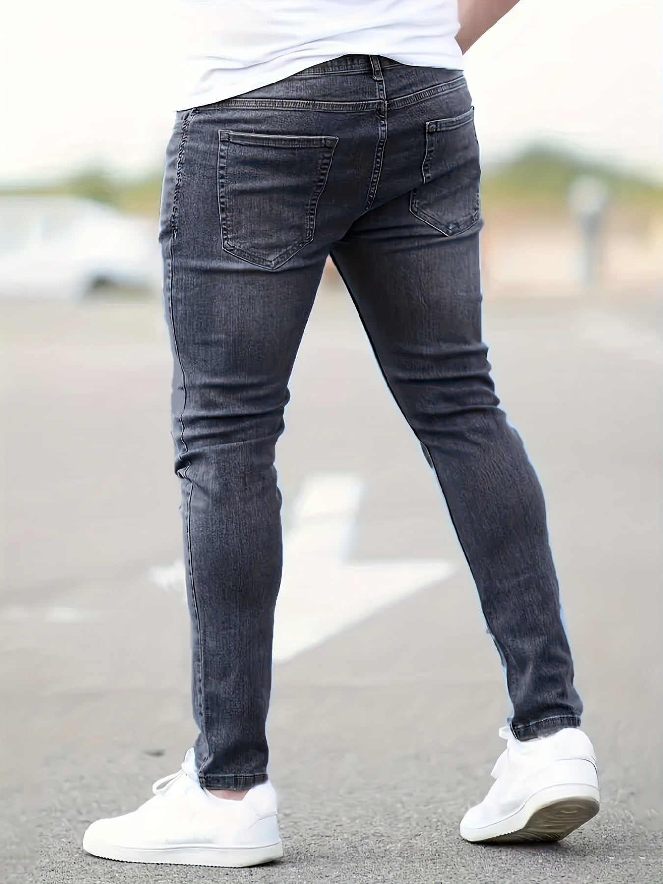 Maxct  Slim Fit Ripped Jeans, Men's Casual Street Style Distressed Mid Stretch Denim Pants For Spring Summer