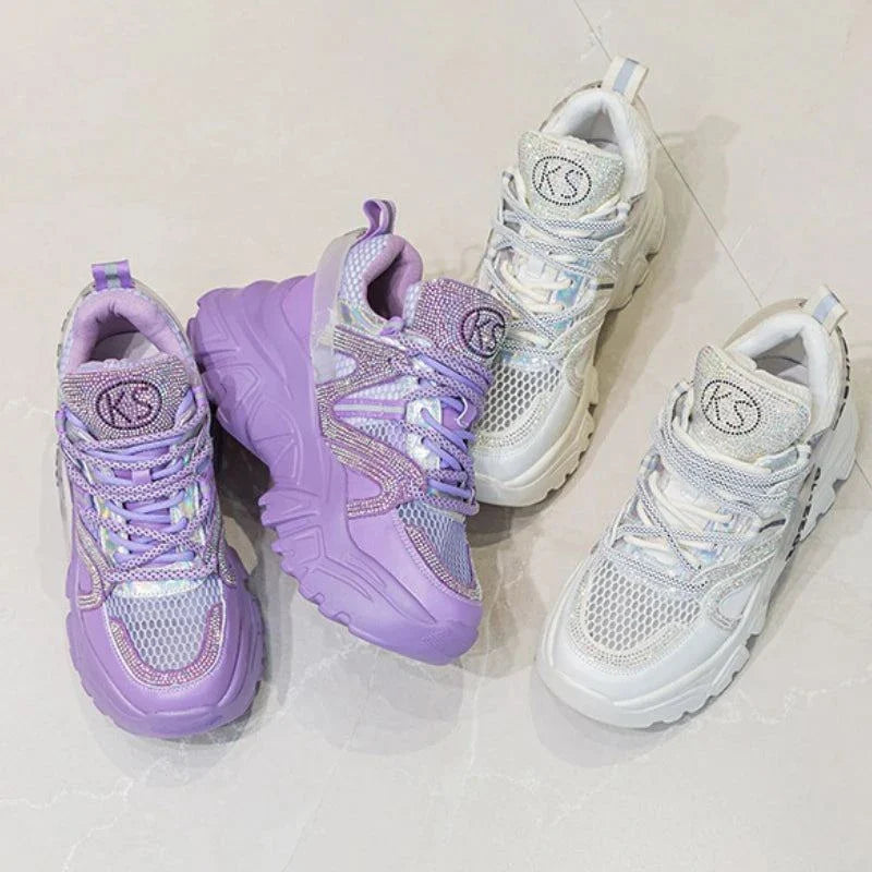 6cm Air Mesh Leather Bling Chunky Sneakers Maxct