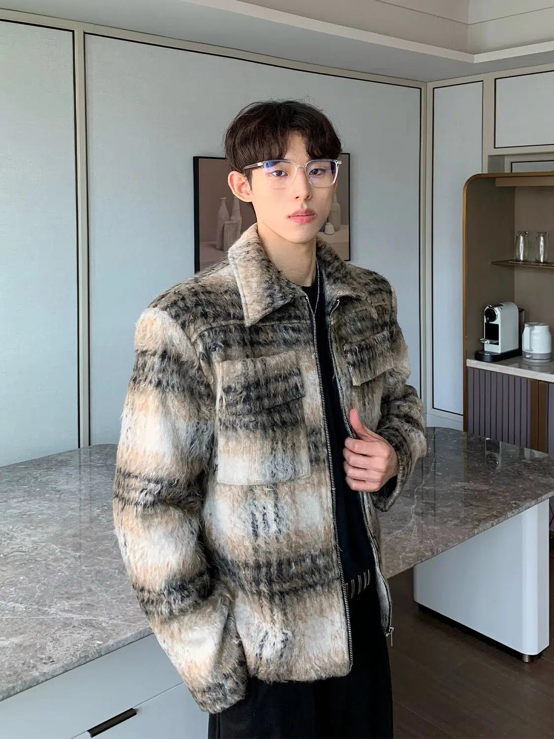 Maxct Checked Wool Jacket with Shoulder Pads