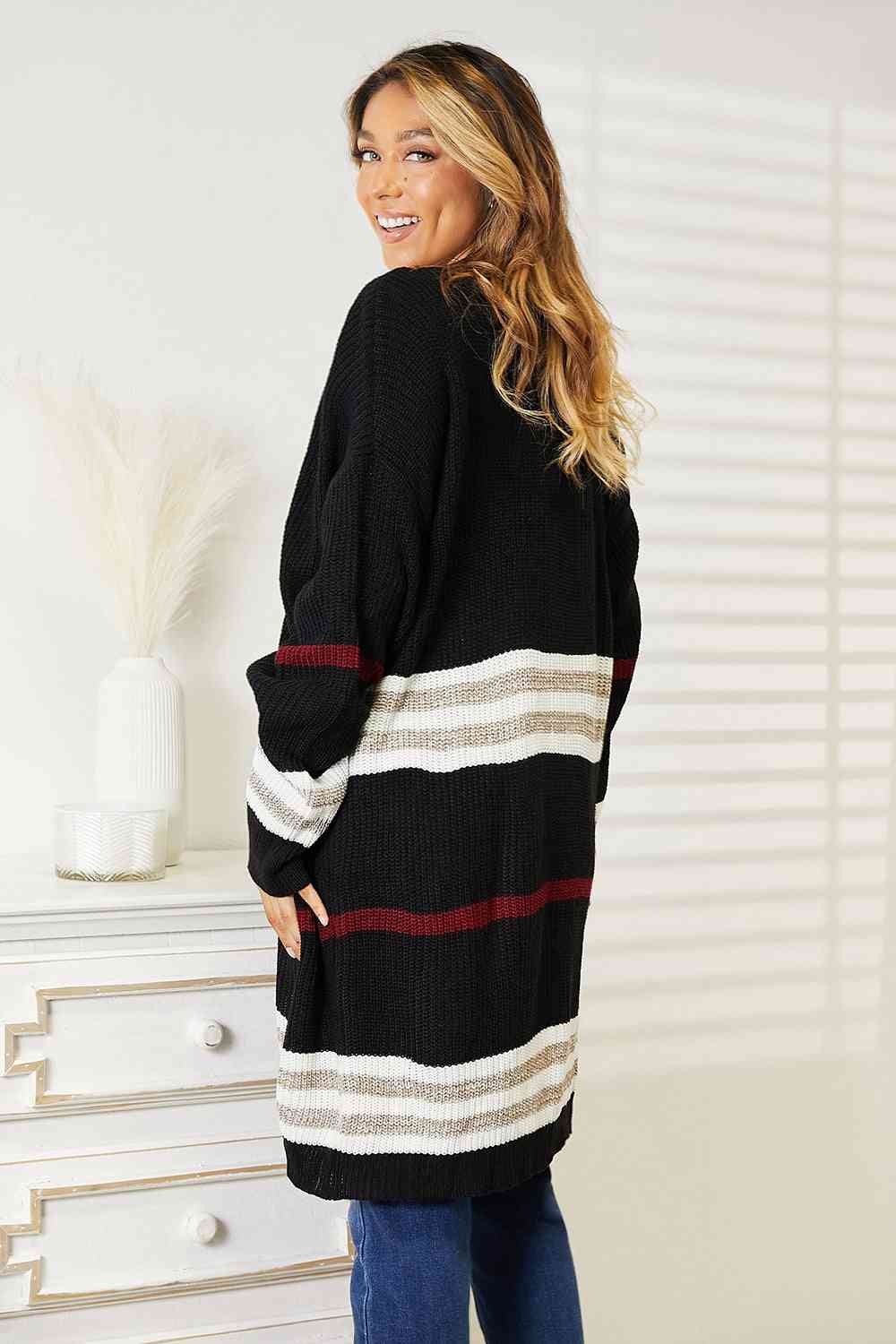 Maxct &Double Take Striped Rib-Knit Drop Shoulder Open Front Cardigan