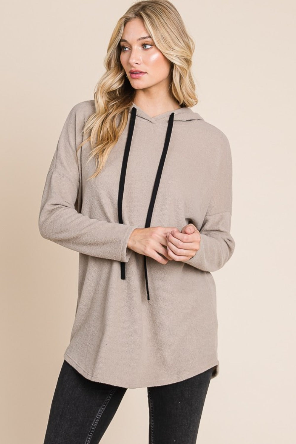 Maxct &BOMBOM Contrast Drawstring Drop Shoulder Knit Hoodie