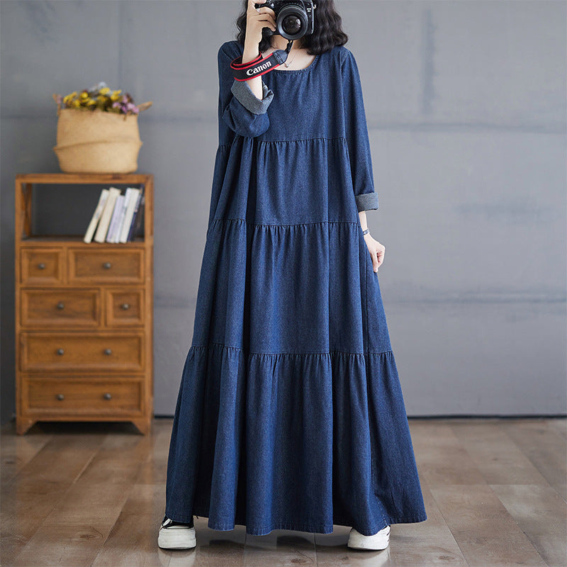 Maxct Women Autumn Retro Casual Loose A- Line Denim Dress