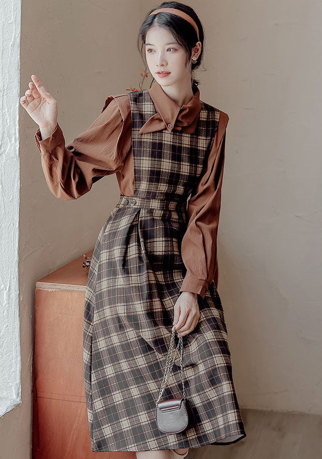 Crepe Plaid Pinafore Dress Set Maxct